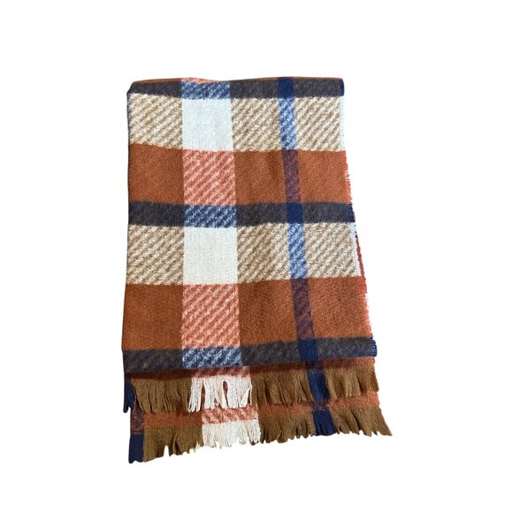 Plaid Blanket Scarf With Fringed Edges - Rust Navy Cream & Tan Soft Winter Wrap - Picture 6 of 10